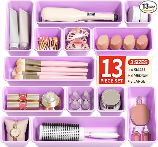 13 Pack Plastic Drawer Organizers Set, 3 Sizes Desk Drawer Organizer Trays for Vanity and Makeup Organizer, Organization and Storage for Makeup, Kitchen Utensils, Bathroom and Office(Purple)