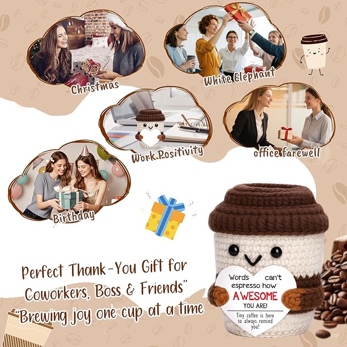 OCCdesign Mini Birthday Inspirational Gifts for Women Men Cheer Up Support Handmade Crochet Coffee Gift for Coworkers Friend Teachers Nurses Stress Relief Mental Health Self Care Office Gift