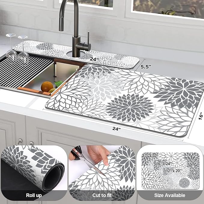 Findosom 2PCS 16" x 24" Dish Drying Mat & 24" x 5.5" Sink Splash Guard, Super Absorbent & Cuttable Dish Mat Drying Kitchen Mat with Gray Floral, Hide Stain Drying Mat for Kitchen Counter