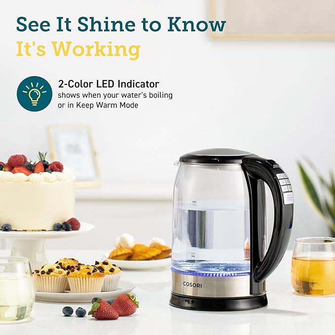Cosori Electric Kettle Temperature Control with 6 Presets, 60min Keep Warm 1.7L Electric Tea Kettle & Hot Water Boiler, 304 Stainless Steel Filter, Auto-Off & Boil-Dry Protection, BPA Free, Black