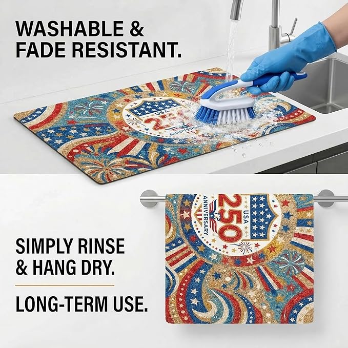 250th Anniversary USA Patriotic Dish Drying Mat 12x20 Absorbent Non-Slip Kitchen Bar Mat, Bold Eagle American Flag Stars Fireworks Freedom Decor for Memorial Day, 4th of July & USA 250 Celebration