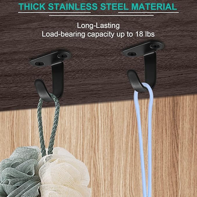 12Pcs Screw Mount Ceiling Hooks Stainless Steel Under-Shelf Towel Hook Heavy Duty Coat Hook Hanger for Kitchen, Cupboard, Cabinet, Bathroom (Matte Black)