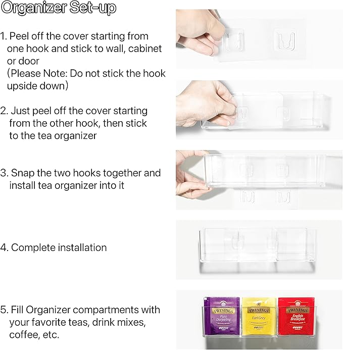 Tea Bag Organizer Holds up to 60 Tea Bags, Tea with 3 Compartments, Adhesive Wall Mount Tea Box Strong Tea bag Holder Hooks for Storage Cabinet and Kitchen Pantry Doors Transparent