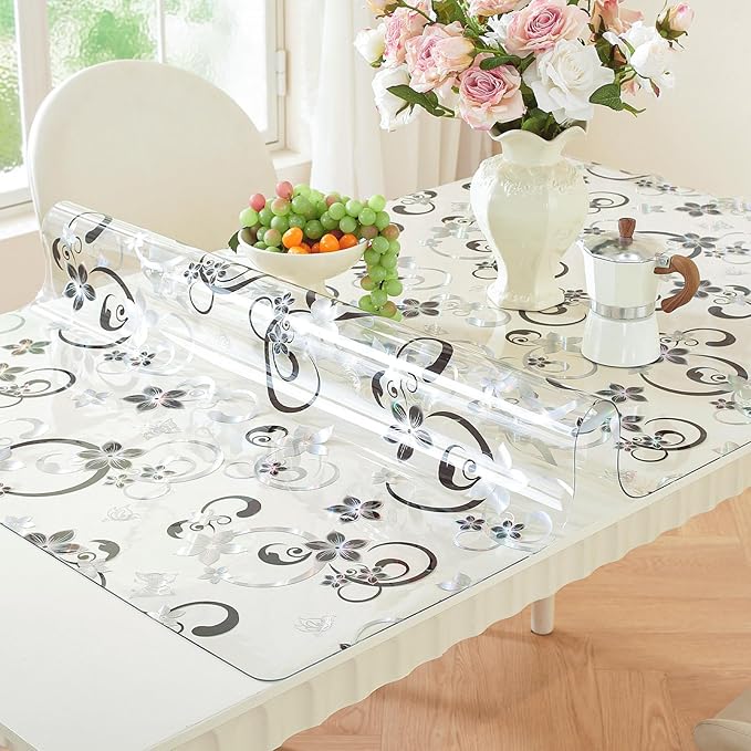 LovePads Floral Clear Table Cover Protector - 40 x 72 Inch Thick Plastic Table Cloth, Waterproof PVC Desk Mat for Dining Room Table, Wood Furniture Topper, Anti-Scratch Desk Pad for Kids Writing,