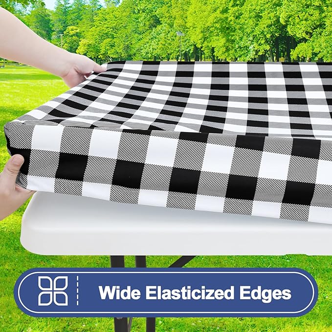 Smiry Picnic Table Cloth 2 Pack, Waterproof Elastic Fitted Tablecloths for 36x60 Rectangle Tables, Washable Polyester Buffalo Plaid Tablecloth for Camping, Dining & Outdoor (Black & White, 36" x 60")