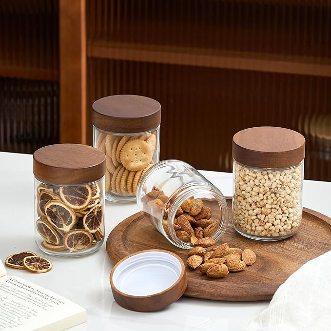 Danmu 16 oz Overnight Oats Containers with Lids,Salad Jar,Glass Jar with Wooden Lid 6 Pack,Mason Jars 16 oz with Lids for Snack,Overnight Oats,Meal Prep,Yogurt,Parfait,Soup,Salad 100% Leak-proof