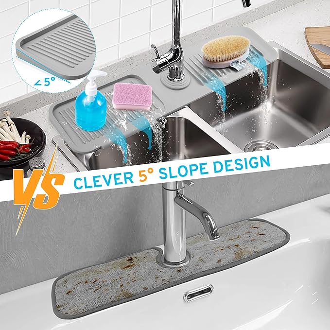24"Longer Silicone Faucet Mat for Kitchen Sink,5° Slope Faucets Draining Mat Bathroom Sink Splash Guard Mat Kitchen Sink Splash Guard Accessories(Grey 24.0" x 5.5"）