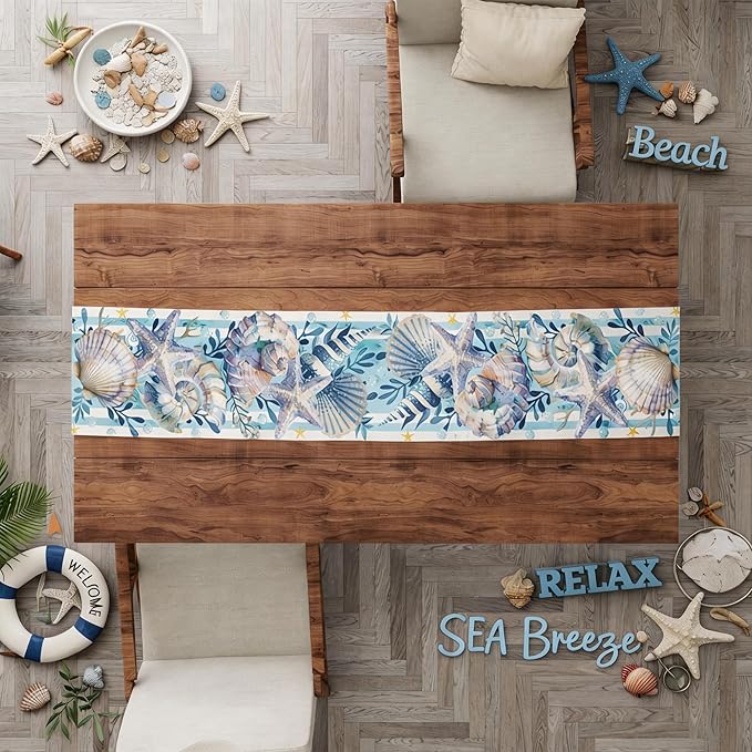 Beach Party Decorations - Sea Shell Starfish Table Runner | Summer Decor for Beach Themed Birthday Party Favors - Ocean Dining Table Decoration for Pool Outdoor Indoor