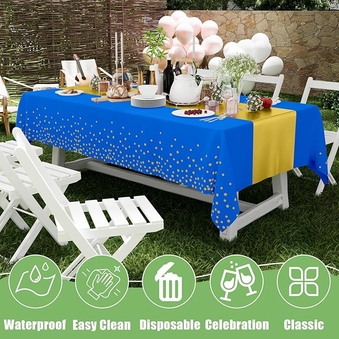 Smiry Plastic Table Cloth Disposable 5 Pack, 54 x 108 Inch Rectangle Waterproof Tablecloth, Printed Gold Table Runner Style for Birthday Weeding, Party Decorations, Leakproof & Sturdy, Blue and Gold