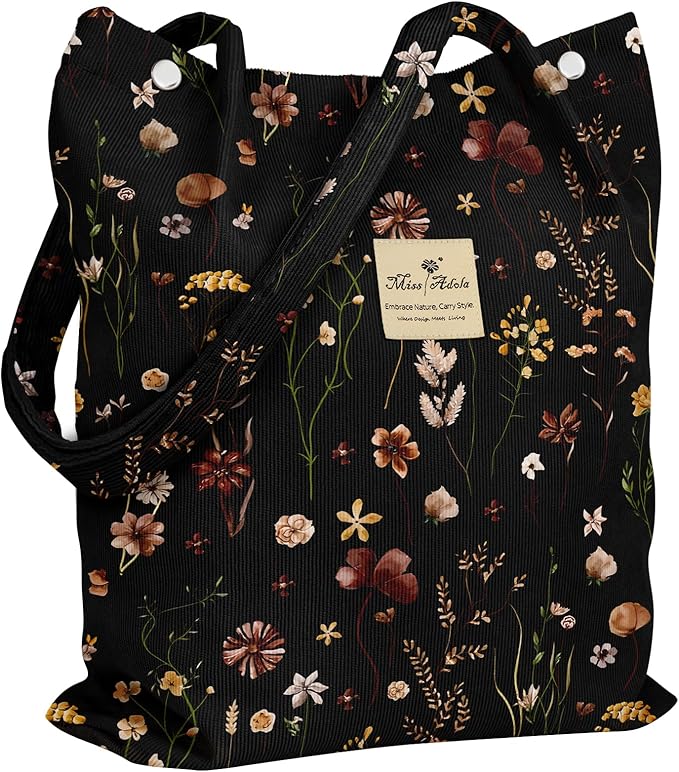 Miss Adola Corduroy Tote Bag for Women - Reusable Totes with Magnetic Buckle & Pocket Aesthetic Design Work Grocery Bags