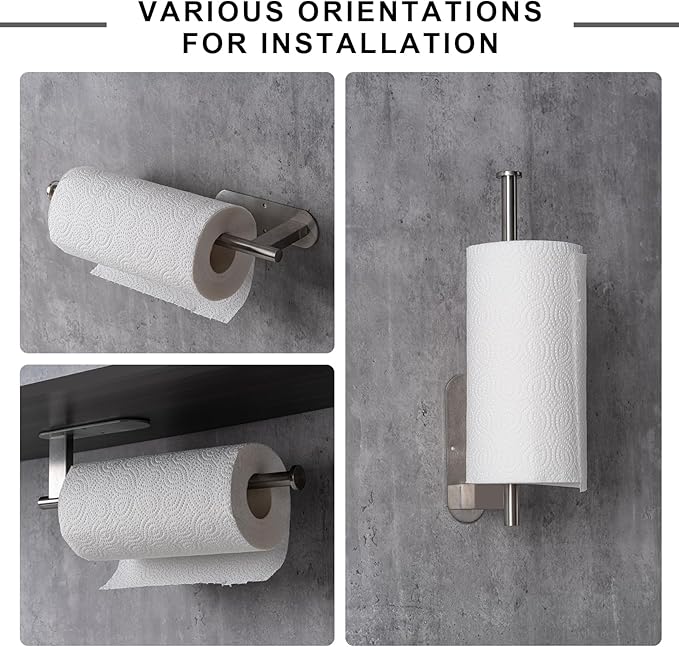 Honmein Paper Towel Holder, Upgrade SUS304 Stainless Steel Paper Towel Holder Under Cabinet, Bend-Resistant, Self-Adhesive or Drill mounting (2 Silver)