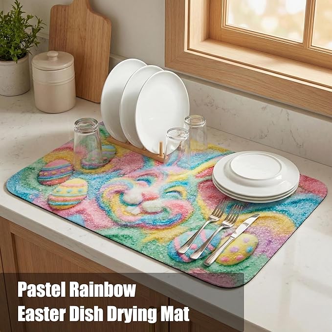 Pastel Rainbow Easter Dish Drying Mat: 12’’x20’’ Easter Smiling Bunny & Decorated Eggs Design Absorbent Non-Slip Counter Protector - Spring Holiday Kitchen Bar Coffee Mat Station Pad