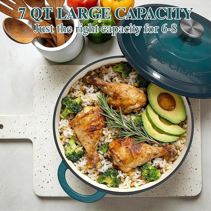 Umite Chef 7QT Enameled Cast Iron Dutch Oven with Lid & Cotton Potholders–Heavy-Duty Cookware for Bread Baking, Braising, Stews, Marinate, Cook(Emerald)