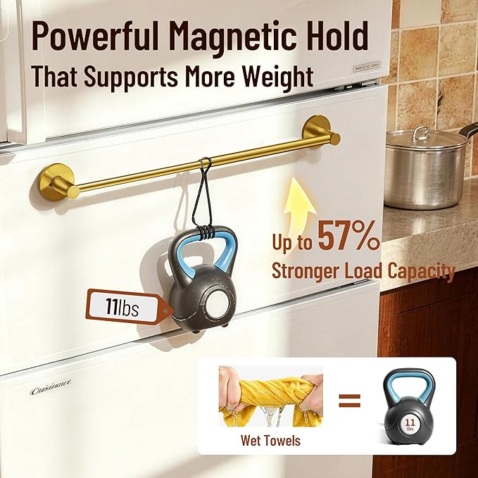 Magnetic Towel Bar, Adjustable Towel Rod with Larger Magnetic Base & Hidden Magnet Design, Non-Slip Magnetic Towel Holder for Refrigerator, Dishwasher, Oven, Washer (Brushed Gold, 1Pack)