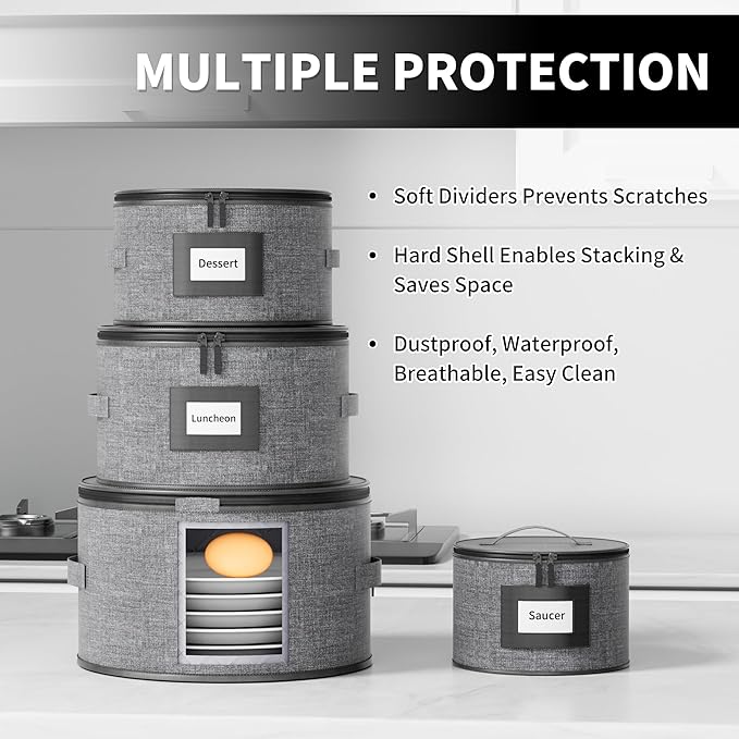 Aokeyee 5-Piece China Storage Containers Set, Hard Shell Moving Boxes for Dishes, Plates & Mugs – Dinnerware Organizer with Soft Felt Dividers, Sturdy Handles & Zippers, Grey