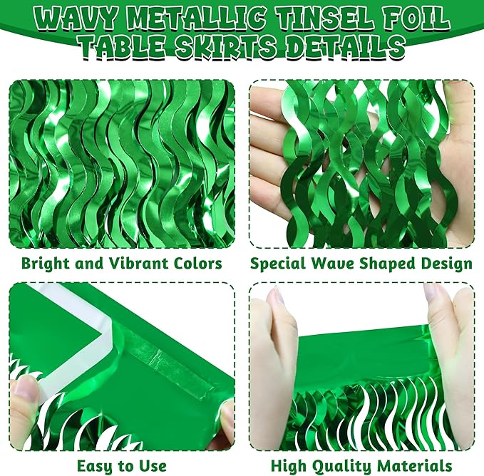2 Pack Green Table Skirt, St Patrick's Day Foil Grass Table Skirt, Metallic Wavy Tinsel Foil Fringe Table Skirts, Table Skirts for Irish Holiday Saint Patrick Wedding Birthday Valentines Party