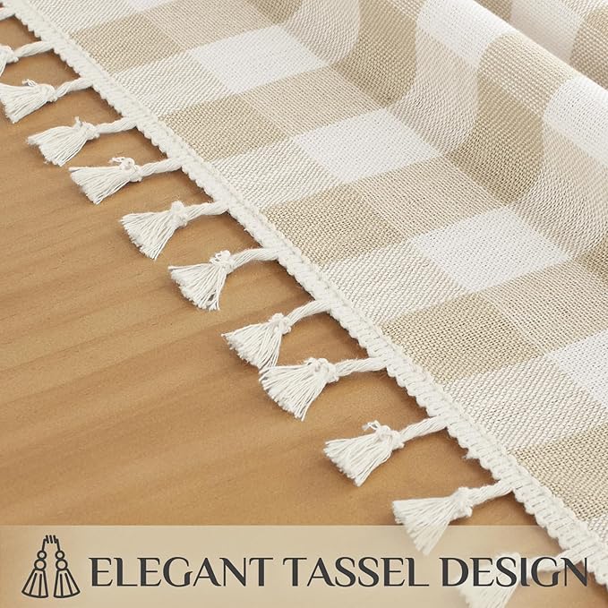 Softalker Checkered Tablecloth Rectangle, Outdoor Linen Cotton Gingham Table Cloth with Tassel, Heavy Duty Wrinkle Free Buffalo Plaid Table Cover for Kitchen Dining Summer Party - 55 x 84 Inch, Beige