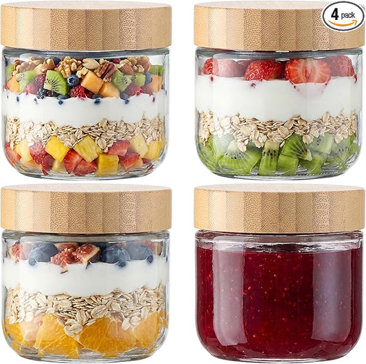 Vtopmart 4 Pack 10oz Glass Overnight Oats Containers with Bamboo Lids, Portable Wide Mouth Glass Jars Leak-proof, Reusable Food Storage Containers for Meal Prep, Jam, Sauce, Salad Dressing, and Snacks