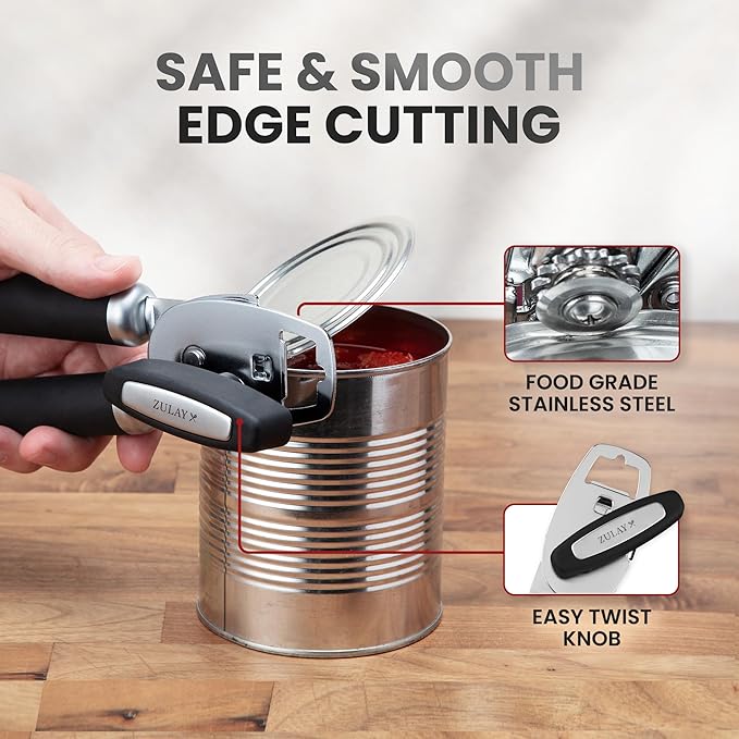 Zulay Kitchen Heavy Duty Stainless Steel Can Opener Manual with Bottle Opener - Rust Proof Manual Can Opener With Turn Knob & Comfy Soft Grip Handles - Black