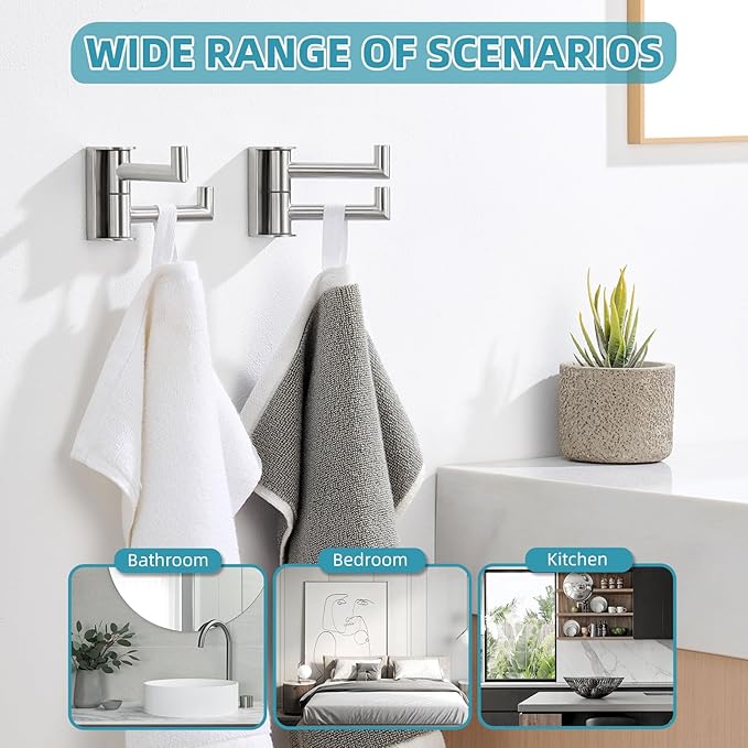 Angle Simple Swivel Towel Double Hook 2 Pack, Brushed Nickel 304 Stainless Steel Bathroom Robe Hook
