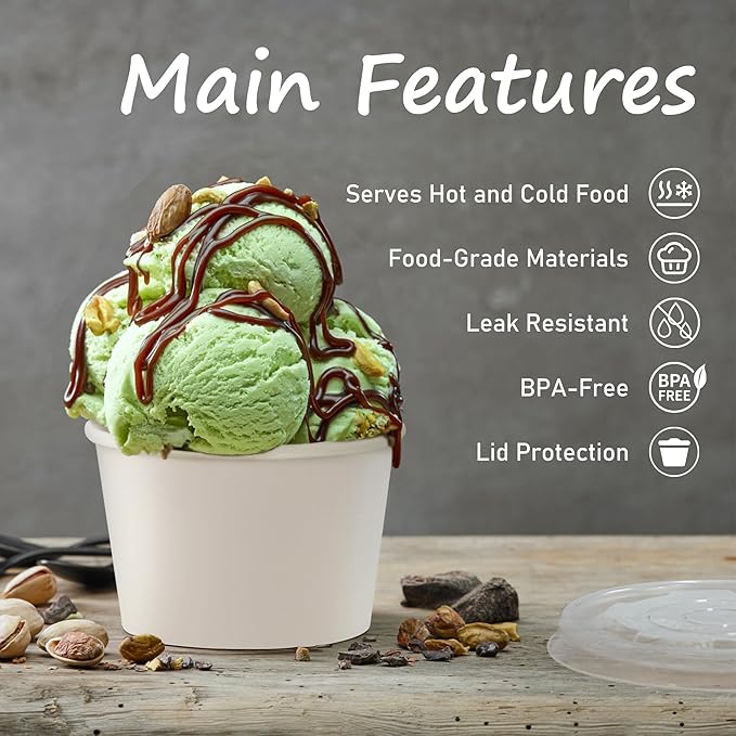 ESSENTIAL Paper Ice Cream Cups with Lids, 50pcs 8oz Disposable Dessert Bowls with Lids for Hot or Cold Food, Paper Snack Containers for Sundae, Frozen Yogurt, Soup (White)