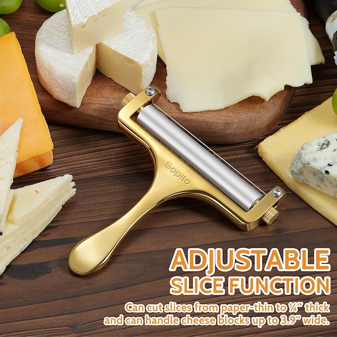 Sopito Cheese Slicer Stainless Steel With 3 Extra Wires Great for Cheddar, Gruyere, Raclette, Mozzarella Cheese Block, Gold