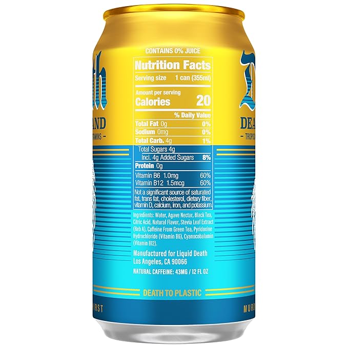 Liquid Death Iced Tea - Death Island (Tropical-Flavored Black Tea), Less Sugar*, Boost of Caffeine, B Vitamins, No Artificial Sweeteners, 12 Fl Oz (Pack of 12)