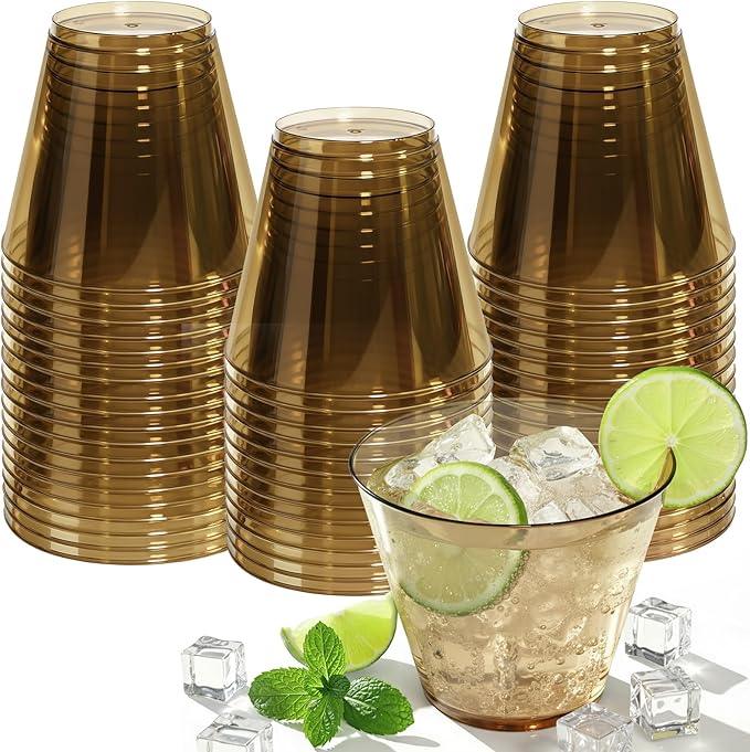 9 oz Clear Plastic Cups Brown Plastic Disposable Cups for Cocktail 50 Pack Fancy Cocktail Cup for Party Stemless Wine Glasses for Party Wedding Graduation Birthday Father's Day