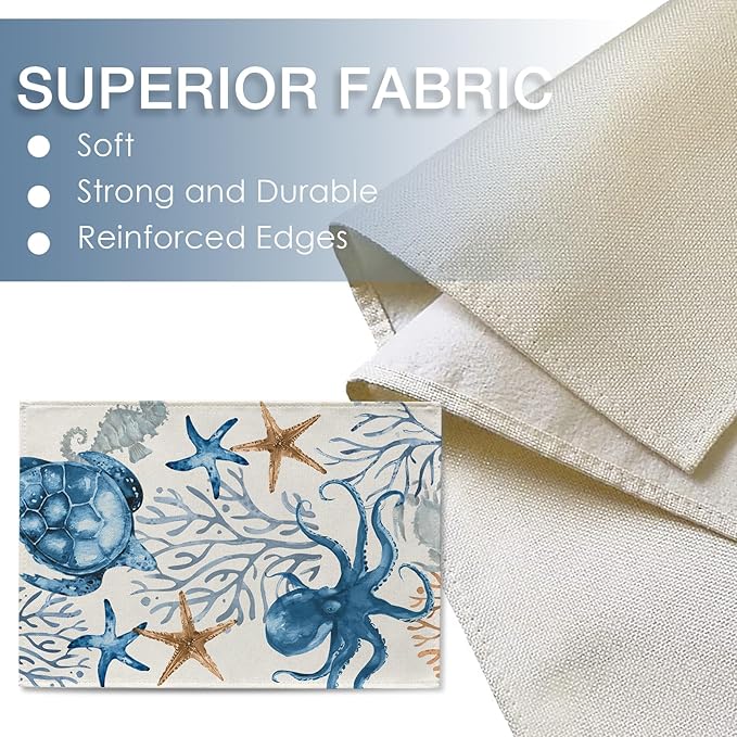 Seliem Spring Summer Octopus Turtle Starfish Coral Placemats Set of 4, Coastal Sea Horse Creature Dining Table Place Mats, Nautical Beach Seasonal Kitchen Decor Home Decoration 12 x 18 Inch
