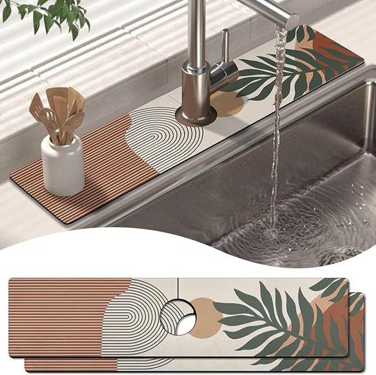 2 Pack Kitchen Sink Splash Guard Faucet Mat 24" X 5.5" Boho Absorbent Fast Drying Mat Faucet Draining Mat Sink Splash Guard Behind Faucet Drip Catcher for Kitchen Bathroom