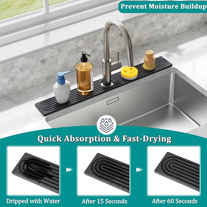 Stone Faucet Mat for Kitchen Sink - Quick Dry Diatomite Sink Splash Guard, Prevents Moisture Buildup & Water Stains, Water Absorbing Stone Tray for Bathroom Countertop (Dark Gray, 30" x 4")