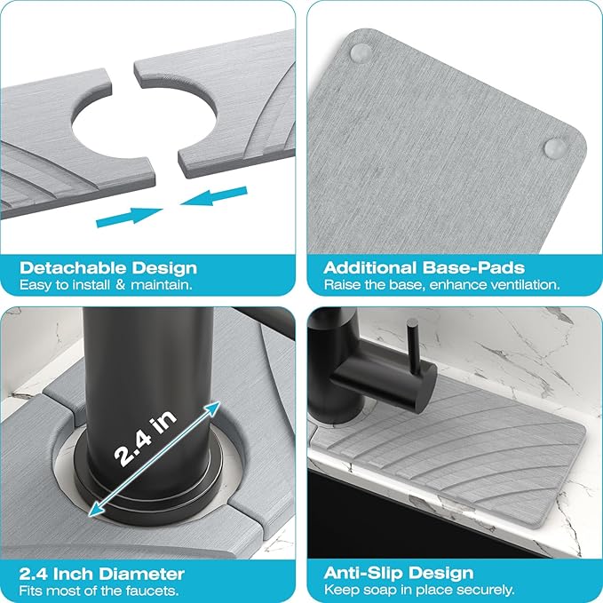 Stone Faucet Mat for Kitchen Sink - Fast Drying Diatomite Stone Drying Mat, Textured Drainage Sink Protector, Water Splash Guard with Base Pads for Bathroom Counter (15.7x4 in, Light Gray)