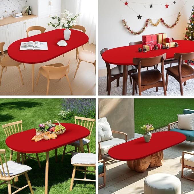 NEWISHER Fitted Oval Tablecloth 48 x 68 Inch Elastic Table Cloth, Stretch Spandex Table Cover Red Washable Polyester Top Cap Cover for Dining Picnic Camping Indoor and Outdoor