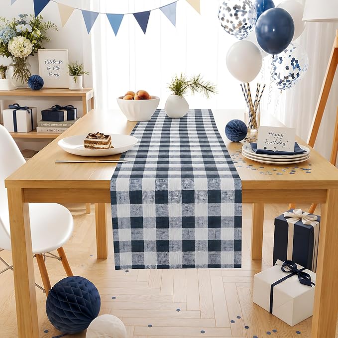 Gingham Table Runner - Blue and White Checkered Table Runner for Baby Shower, Birthday Party, Wedding Decorations | Farmhouse Kitchen Dining Table Decor Party Supplies for Home Indoor Outdoor