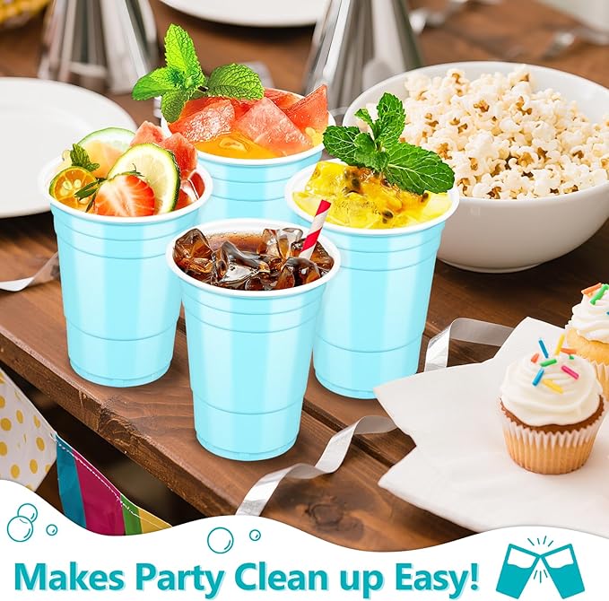 LANLISA 100 Light Blue Plastic Cups, 16 oz Disposable Cups, Drinking Cups For Party Supplies