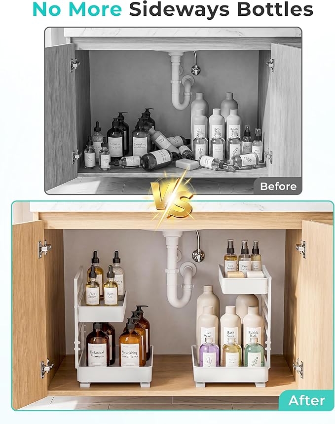EVERIE Height Adjustable 2 Tier Metal Pull Out Slide Shelf Organizer for Framed or Frameless Under Sink Cabinets in Kitchen, Bathroom, with Snap-on Top Tray (White, 2 Sets)