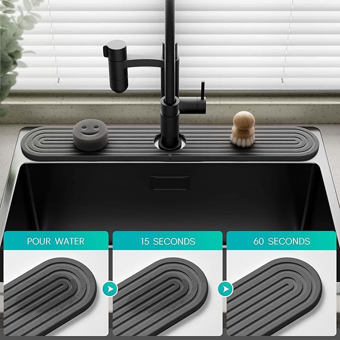 Stone Faucet Mat for Kitchen Sink – Diatomite Fast-Drying Stone Tray, Faucet Mat Sink Splash Guard, Decorative Sink Protector for Kitchen Bathroom Counter (Dark Grey, 30''x3.9'')