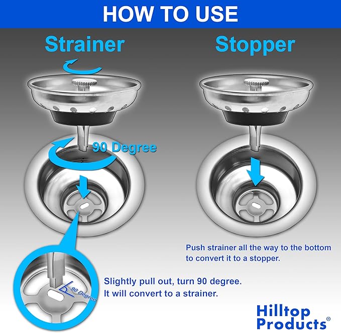 2 Pack - Kitchen Sink Strainer and Stopper Combo Basket Replacement for Standard 3-1/2 inch Drain, Stainless Steel Basket with Plastic Knob, Rubber Stopper Bottom - Hilltop Products