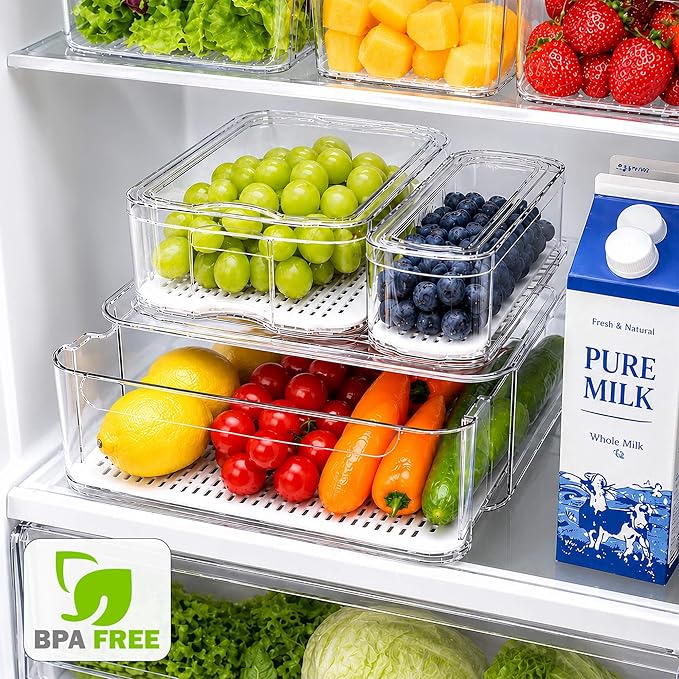 SMRCAD Refrigerator Organizers and Storage, 8 Pack with 1 Pull-Out Drawer and 7 Lidded Bins, Fruit Storage Containers for Fridge with Drain Trays, Helps Keep Produce Fresh