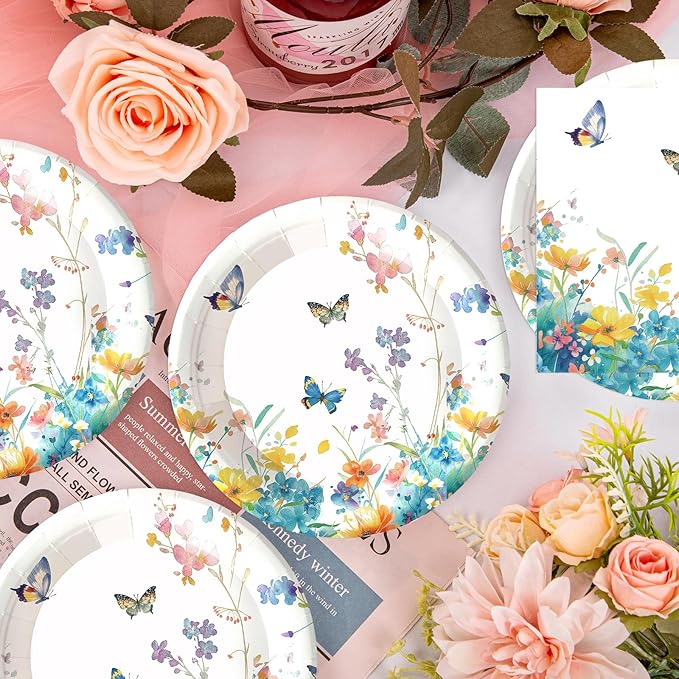 50pcs Wildflower Paper Plates and Napkins Party Decorations, 7inch Watercolor Floral Paper Plate Tableware for Spring Summer Birthday Baby/Bridal Shower Picnic Wedding Girl Tea Party Supplies