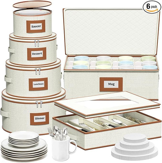 Aokeyee 6-Piece China Storage Containers Set, Hard Shell Moving Boxes for Dishes, Plates, Mugs & Flatware – Dinnerware Organizer with Soft Felt Dividers, Sturdy Handles & Zippers, Ivory