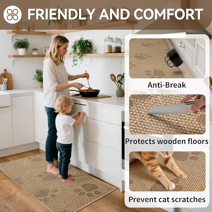 Kitchen Mats for Floor, Super Absorbent Kitchen Rugs Non Slip Washable, Rubber Backing Soft Woven Linen Embroidery Runner Rug, Standing Mat Kitchen Sink Mat, Easy to Clean, Brown 17x47