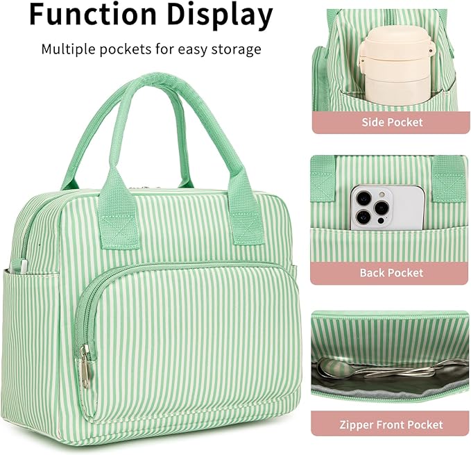 Lunch Bag Women Lunch Box for Women Adult Cute Insulated Lunch Bag Lager Cooler Lunch Tote Bags for Work Picnic (Green Stripes)