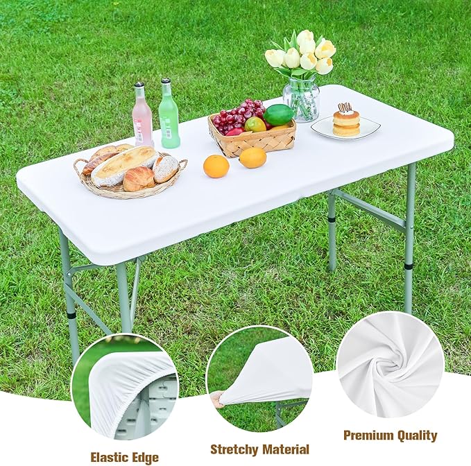 Fitted Rectangle Tablecloth 24 x 48 Inch Elastic Table Cloth for 4ft Table, Stretch Spandex Tables Cover White Washable Polyester Tables Top Cap Cover for Dining Picnic Camping Indoor and Outdoor