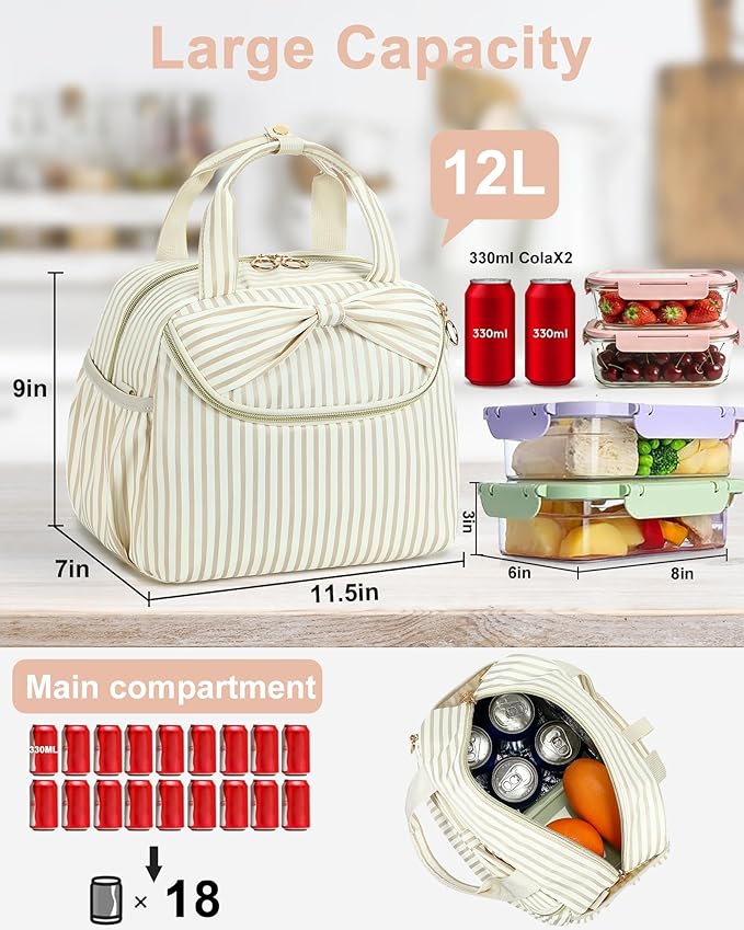 Bluboon Lunch Box for Women, Large Insulated Lunch Bag with Shoulder Strap, Adult Lunch Tote Teacher Nurse, Bow Lunch Cooler Gifts for Work Picnic Travel, Black (Brown White)