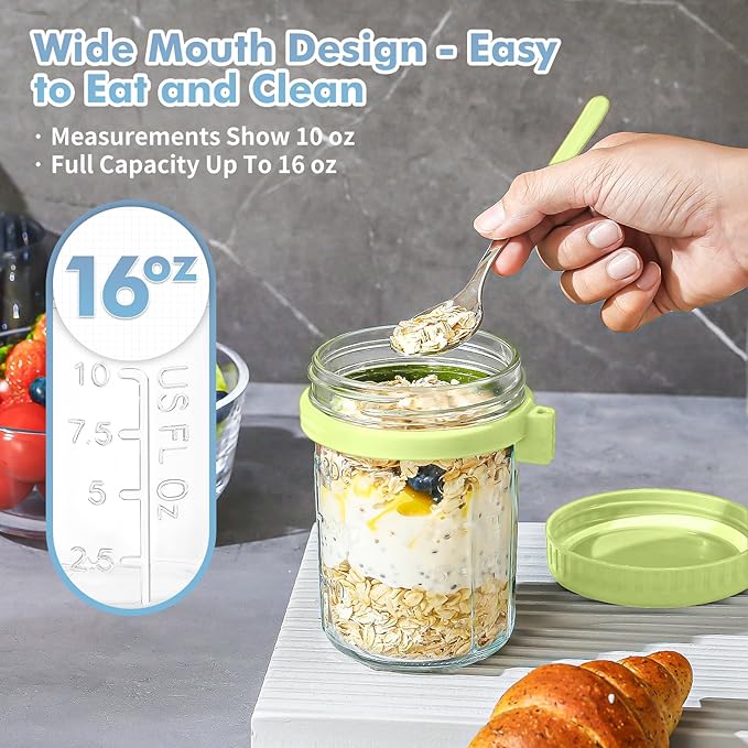 DRKIO 6 Pack Overnight Oats Containers with Lids and Spoons 16 Oz Glass Mason Jars for Overnight Oats Leak Proof Oatmeal Container Great for Cereal Fruit Vegetable Milk Salad Yogurt Meal Prep