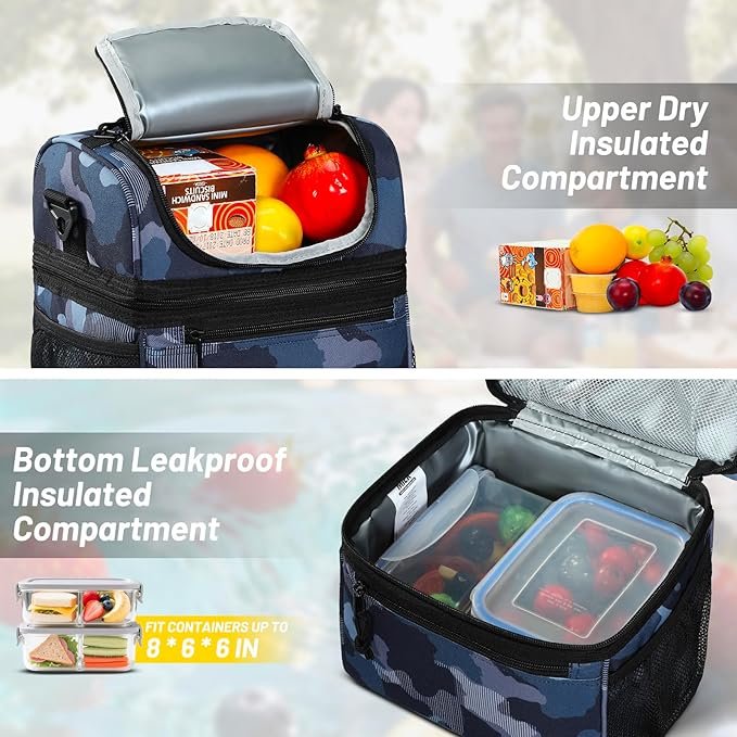 MIER Insulated Lunch Box Dual Compartment Lunch Bag Leakproof Cooler for Men Women Adult Work, Camo, Medium (Upgraded Extra-Tall Bottom Layer)