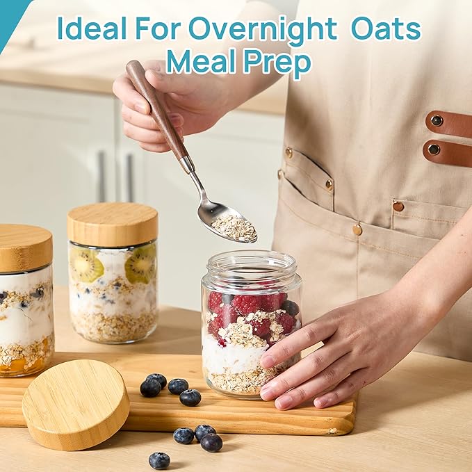 Vtopmart 8 Pack 16oz Glass Overnight Oats Containers with Bamboo Lids, Portable Wide Mouth Glass Jars Leak-proof, Reusable Glass Food Storage Containers for Yogurt Chia Pudding Salad Pickling Snacks