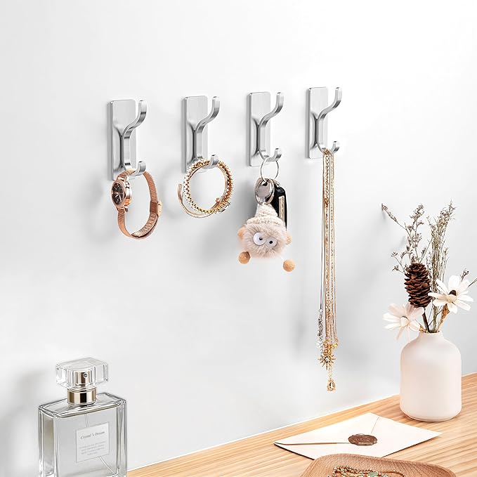 pickpiff Adhesive Wall Hooks for Hanging Towels - Heavy Duty Stick On Hooks, Strong Hold up to 13 lbs, Hangers for Coats, Bags, Purses, Ideal for Door, Closet, or Bathroom, Brushed Silver,4 Pack