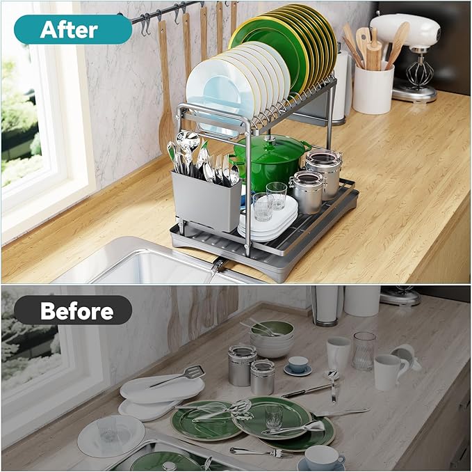 Simple Trending Dish Drying Rack, 2-Tier Dish Rack for Kitchen Counter, Large Dish Drainers Sink Organizers and Storage, Silver